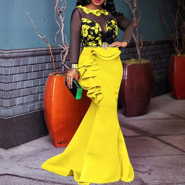 Plus Size Mesh Sheer Ruffles Long Sleeve Dress Women Elegant Transparent Bodycon Party Dress Patchwork Long Maxi Dresses - Hplify