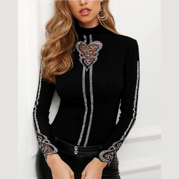 Plus Size Studded Long Sleeve T Shirt Women Hear Pattern Stretchy Warm Cashmere Slim Top Chic Elegant Shirt Black Blusa - Hplify
