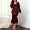 Plus Size Wine Red Velvet Sequin Dress Women V Neck Lantern Sleeve Party Dress Elegant Office Ladies Formal Mermaid Dresses Robe - Hplify