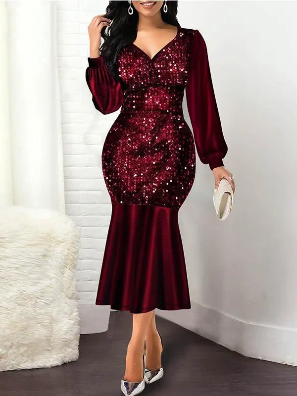 Plus Size Wine Red Velvet Sequin Dress Women V Neck Lantern Sleeve Party Dress Elegant Office Ladies Formal Mermaid Dresses Robe - Hplify