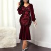 Plus Size Wine Red Velvet Sequin Dress Women V Neck Lantern Sleeve Party Dress Elegant Office Ladies Formal Mermaid Dresses Robe - Hplify