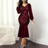 Plus Size Wine Red Velvet Sequin Dress Women V Neck Lantern Sleeve Party Dress Elegant Office Ladies Formal Mermaid Dresses Robe - Hplify