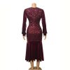 Plus Size Wine Red Velvet Sequin Dress Women V Neck Lantern Sleeve Party Dress Elegant Office Ladies Formal Mermaid Dresses Robe - Hplify