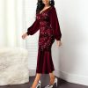 Plus Size Wine Red Velvet Sequin Dress Women V Neck Lantern Sleeve Party Dress Elegant Office Ladies Formal Mermaid Dresses Robe - Hplify