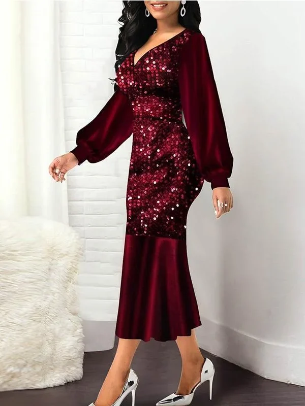 Plus Size Wine Red Velvet Sequin Dress Women V Neck Lantern Sleeve Party Dress Elegant Office Ladies Formal Mermaid Dresses Robe - Hplify