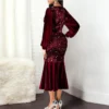 Plus Size Wine Red Velvet Sequin Dress Women V Neck Lantern Sleeve Party Dress Elegant Office Ladies Formal Mermaid Dresses Robe - Hplify