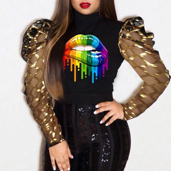 Plus Size Women Puff Sleeve Tops Elegant High Neck Long Sleeve Shirt Streetwear Mesh Sleeve Patchwork Blouse Spring Blusa Mujer - Hplify