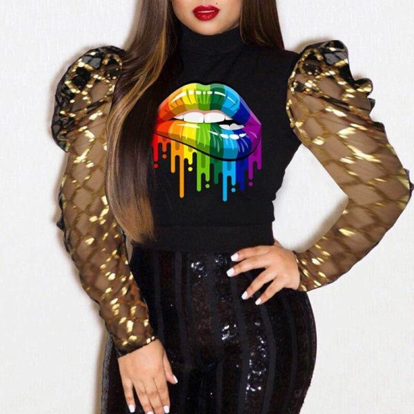 Plus Size Women Puff Sleeve Tops Elegant High Neck Long Sleeve Shirt Streetwear Mesh Sleeve Patchwork Blouse Spring Blusa Mujer - Hplify