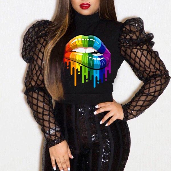 Plus Size Women Puff Sleeve Tops Elegant High Neck Long Sleeve Shirt Streetwear Mesh Sleeve Patchwork Blouse Spring Blusa Mujer - Hplify