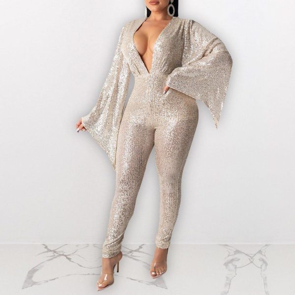 Plus Size Women Sequin Jumpsuits Long Pants Rompers Deep V-neck Flare Sleeve Bodycon Skinny Jumpsuits - Hplify