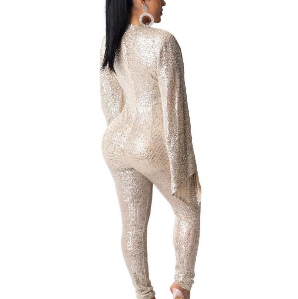 Plus Size Women Sequin Jumpsuits Long Pants Rompers Deep V-neck Flare Sleeve Bodycon Skinny Jumpsuits - Hplify