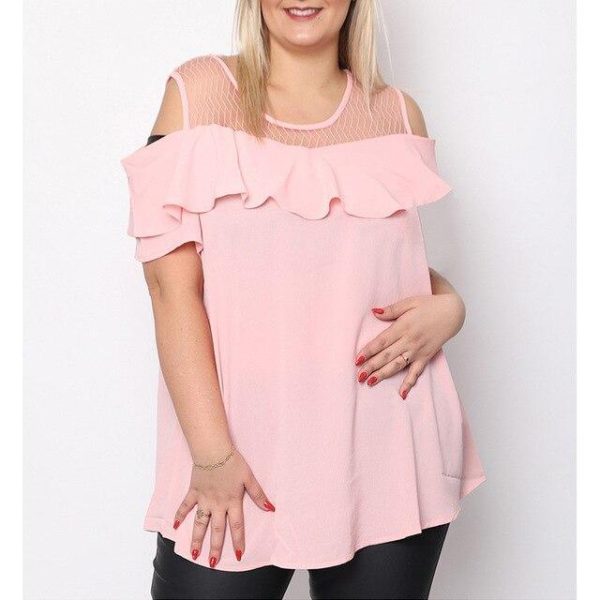 Plus Size Womens Tops and Blouses Summer Pink Ruffle Off Shoulder Blouse Sexy Mesh Patchwork Shirt Korean Ladies Fashion Clothes - Hplify