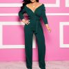 Plus size long sleeve rompers womens jumspuit Sashes wrap wide leg pants Elegant v neck overalls for woman Solid color palysuits - Hplify