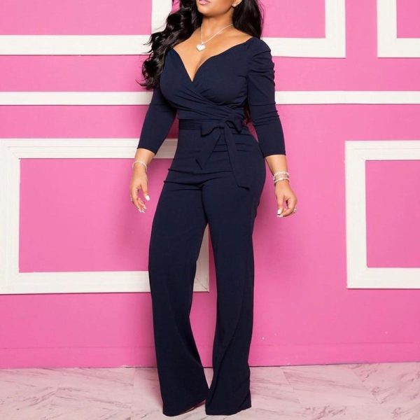 Plus size long sleeve rompers womens jumspuit Sashes wrap wide leg pants Elegant v neck overalls for woman Solid color palysuits - Hplify