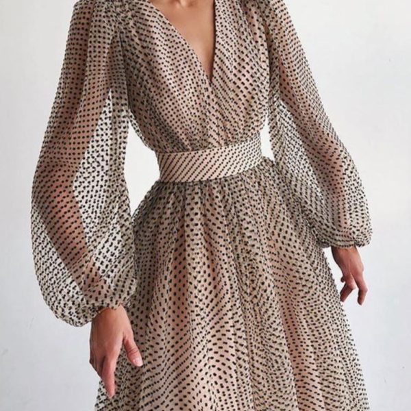 Polka Dot High Waist Midi Dresses Women V-Neck Sweet Long Puff Sleeve Elegant Dress Female 2021 Christmas Lady Party Vestidos - Hplify