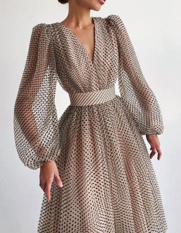 Polka Dot High Waist Midi Dresses Women V-Neck Sweet Long Puff Sleeve Elegant Dress Female 2021 Christmas Lady Party Vestidos - Hplify