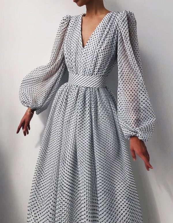 Polka Dot High Waist Midi Dresses Women V-Neck Sweet Long Puff Sleeve Elegant Dress Female 2021 Christmas Lady Party Vestidos - Hplify