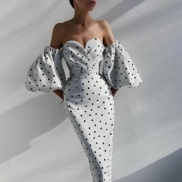 Polka Dot High Waist Midi Dresses Women V-Neck Sweet Long Puff Sleeve Elegant Dress Female 2021 Christmas Lady Party Vestidos - Hplify