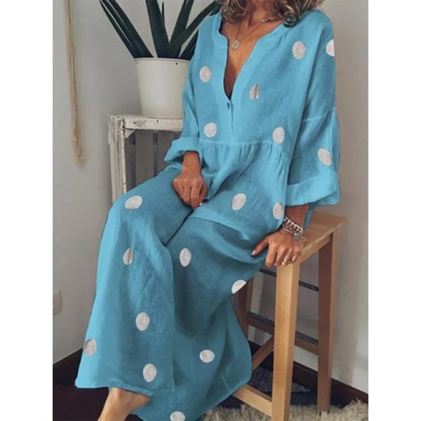 Polka dot summer dress Casual loose long sleeve bohemian maxi dress Women v neck boho beach dresses robe vintage femme - Hplify