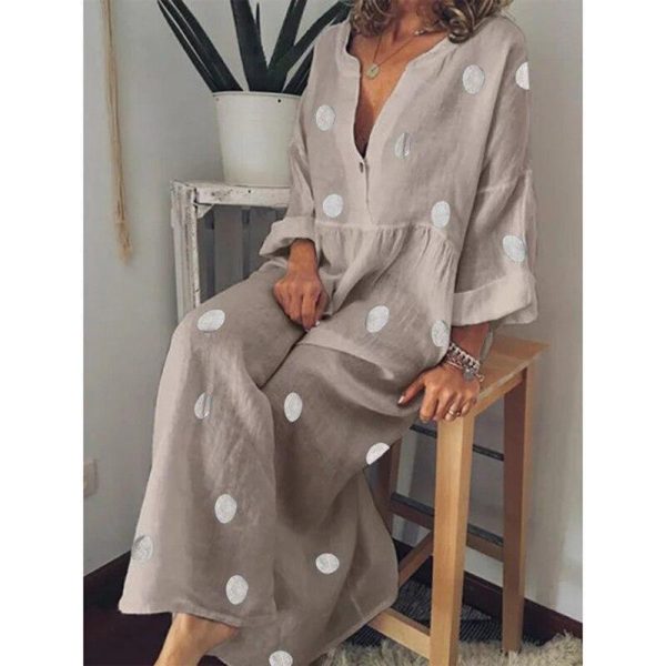 Polka dot summer dress Casual loose long sleeve bohemian maxi dress Women v neck boho beach dresses robe vintage femme - Hplify
