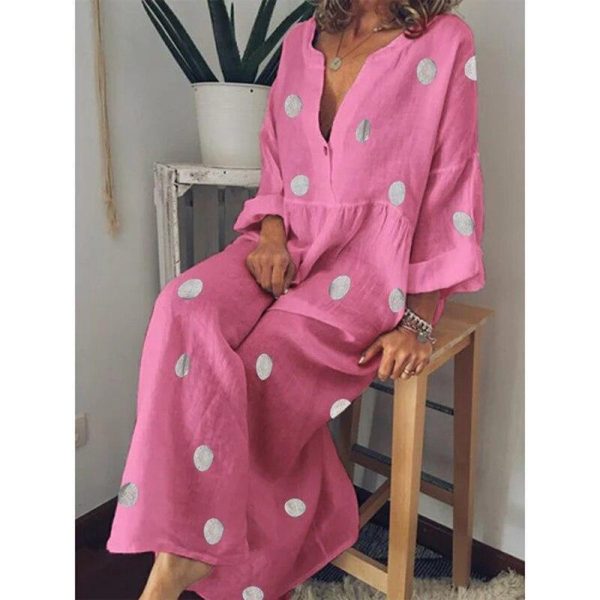 Polka dot summer dress Casual loose long sleeve bohemian maxi dress Women v neck boho beach dresses robe vintage femme - Hplify