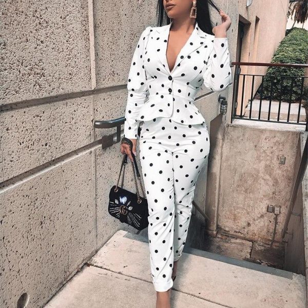 Polka dots print 2 piece pants set Women buttoned long sleeve tops and pencil pants tracksuit Elegant ladies two piece set - Hplify