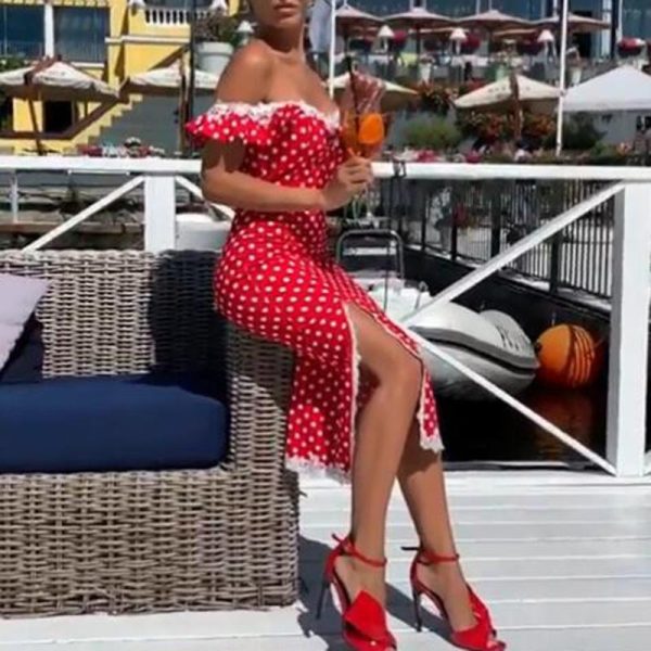 Polka dots print off shoulder dress women Ruffles sleeve side slit slim fit midi dress Elegant bodycon party dresses Vestidos - Hplify