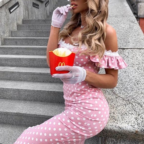 Polka dots print off shoulder dress women Ruffles sleeve side slit slim fit midi dress Elegant bodycon party dresses Vestidos - Hplify