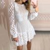 Polks dos sheer mesh eyelash lace dress Women long sleeve ruffles summer dress Elegant o neck A line shirt dresses vestidos - Hplify