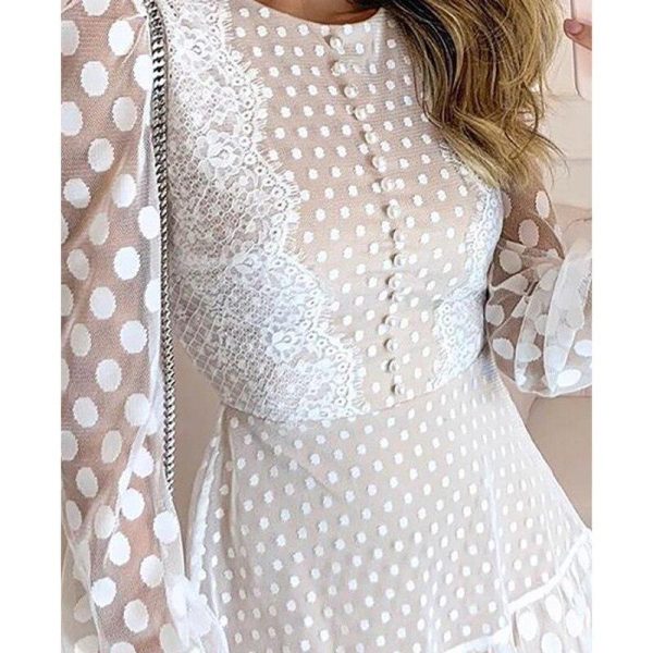 Polks dos sheer mesh eyelash lace dress Women long sleeve ruffles summer dress Elegant o neck A line shirt dresses vestidos - Hplify