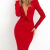 Puff Sleeve V Neck Bodycon Midi Dress Women Solid Red Front Bow Designed Long Sleeve Dress Elegant Office Ladies Vestidos Mujer - Hplify