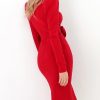 Puff Sleeve V Neck Bodycon Midi Dress Women Solid Red Front Bow Designed Long Sleeve Dress Elegant Office Ladies Vestidos Mujer - Hplify