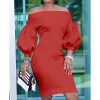 Puff sleeve off shoulder bodycon dress Women solid red yellow slim fit party dress Summer women clohes Elegant vestidos - Hplify