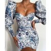Pull sleeve floral prnt bodycon dress women Slim fit strapless  party dress Autumn Elegant womens dresses mini vestidos - Hplify