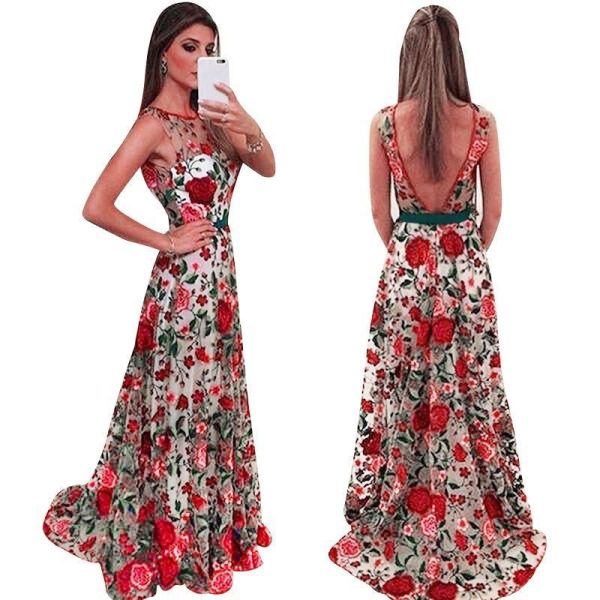 Red flower embroidered long maxi dress Women back v  embroidery mesh dresses Elegant sleeveless ladies party dress Robe vestidos - Hplify