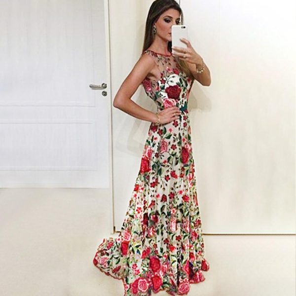 Red flower embroidered long maxi dress Women back v  embroidery mesh dresses Elegant sleeveless ladies party dress Robe vestidos - Hplify