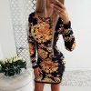 Retro Print Stretchy Bodycon Dress Women O Neck Long Sleeve Party Dress Vintage Slim Fit Mini Party Dresses - Hplify