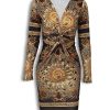 Retro Print Twist Front Long Sleeve Dress - Hplify