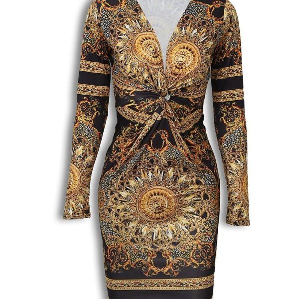 Retro Print Twist Front Long Sleeve Dress - Hplify