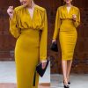 Ruched Design Long Sleeve Midi Dress Women Peplum Office Dress Summer Elegant V Neck Party dresses Yellow vestidos de festa - Hplify