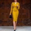 Ruched Design Long Sleeve Midi Dress Women Peplum Office Dress Summer Elegant V Neck Party dresses Yellow vestidos de festa - Hplify