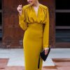 Ruched Design Long Sleeve Midi Dress Women Peplum Office Dress Summer Elegant V Neck Party dresses Yellow vestidos de festa - Hplify