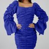 Ruched Design Off Shoulder Long Sleeve Dress Women Solid Blue  Bodycon Party Dresses Mini Vestidos Plus Size - Hplify