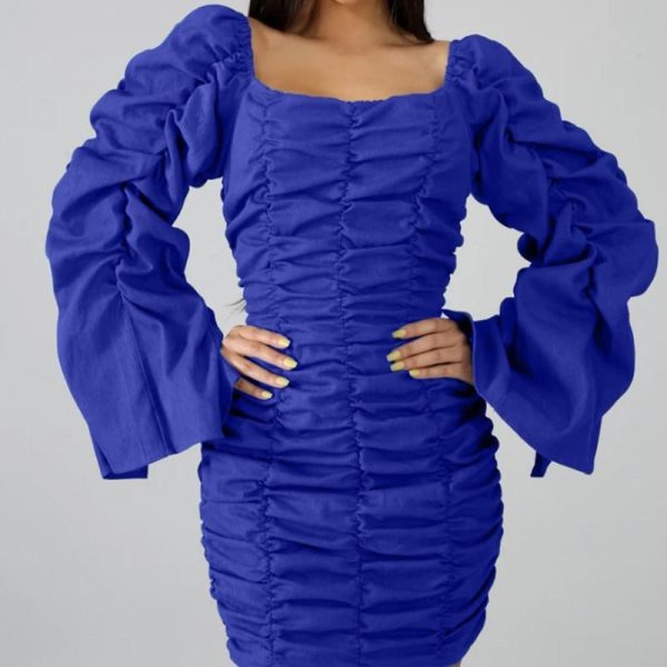 Ruched Design Off Shoulder Long Sleeve Dress Women Solid Blue  Bodycon Party Dresses Mini Vestidos Plus Size - Hplify