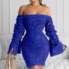 Ruched Design Off Shoulder Long Sleeve Dress Women Solid Blue  Bodycon Party Dresses Mini Vestidos Plus Size - Hplify
