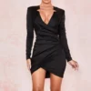 Ruched Designed Long Sleeve Satin Dress Women Irregular Slim Black Bodycon Mini Dress Night Club Party Vestidos Mujer - Hplify
