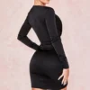 Ruched Designed Long Sleeve Satin Dress Women Irregular Slim Black Bodycon Mini Dress Night Club Party Vestidos Mujer - Hplify