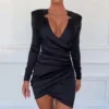Ruched Designed Long Sleeve Satin Dress Women Irregular Slim Black Bodycon Mini Dress Night Club Party Vestidos Mujer - Hplify