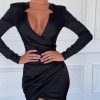 Ruched Designed Long Sleeve Satin Dress Women Irregular Slim Black Bodycon Mini Dress Night Club Party Vestidos Mujer - Hplify