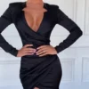 Ruched Designed Long Sleeve Satin Dress Women Irregular Slim Black Bodycon Mini Dress Night Club Party Vestidos Mujer - Hplify